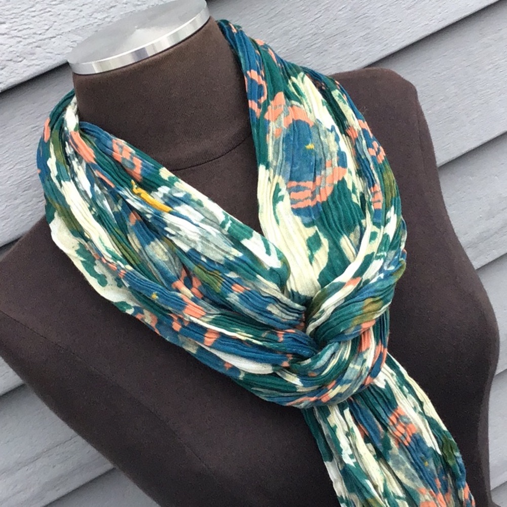 Gauze Stretch Green/Cream  Floral Fringe Scarf